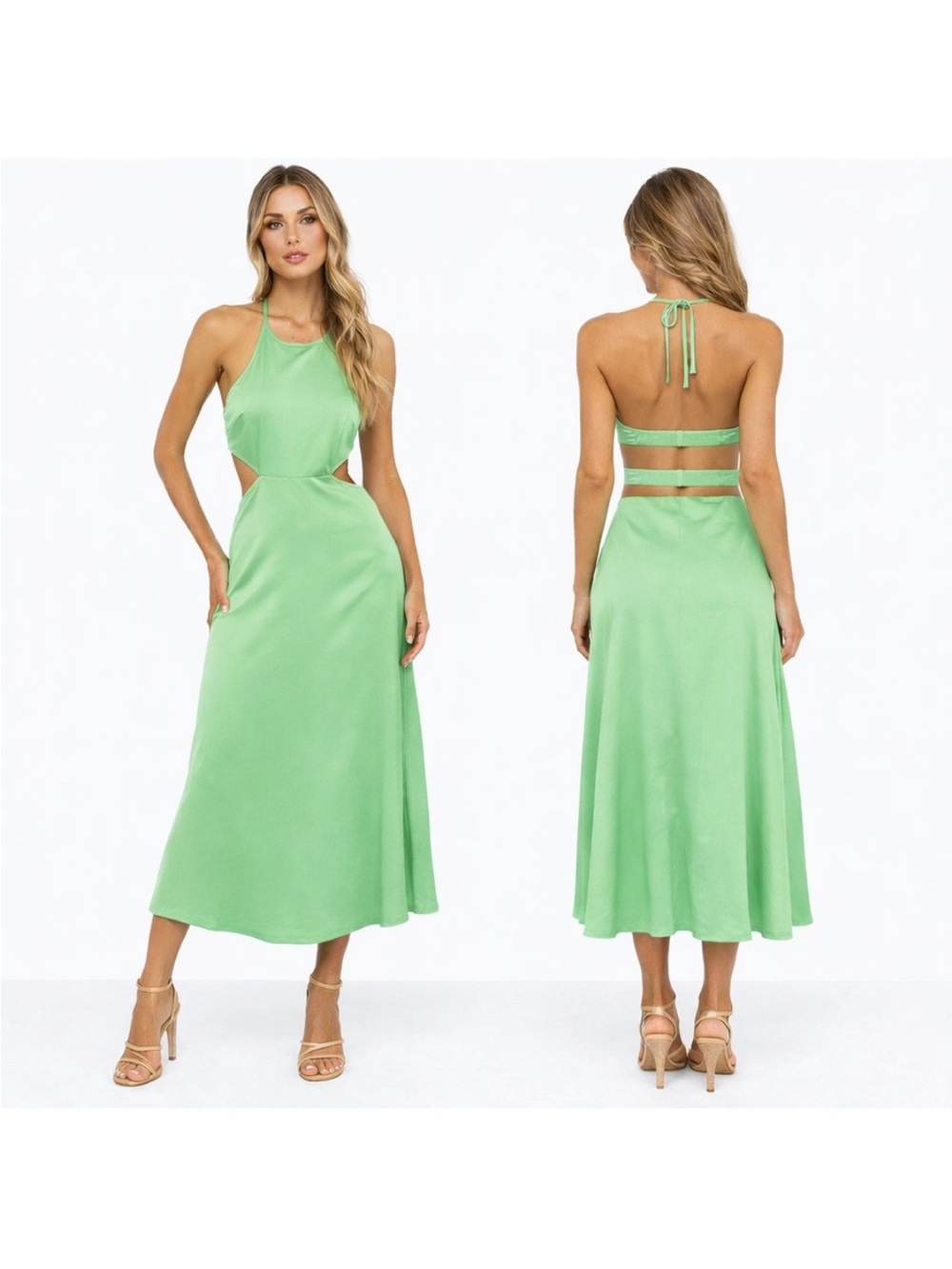 Designer Zara Apple Green Halter Cutout Back Linen Blend Midi Dress Size Medium